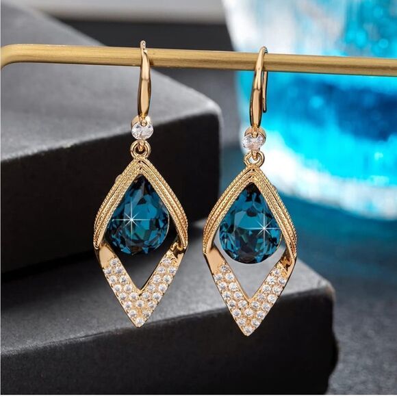 14K Yellow Gold with London Blue Topaz Austrian Crystal Leaf Teardrop Earrings - Picture 4 of 7